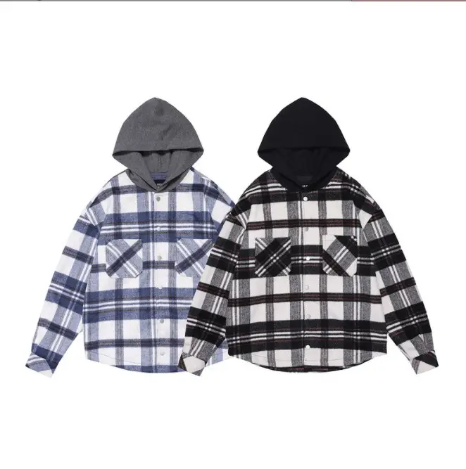 Ready on stock checked pattern men outwear coat oversize drop shoulder flannel shirts jackets winter flannel shirts with hood