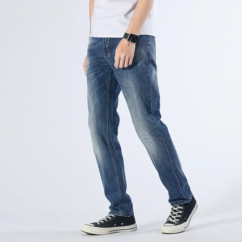 Japanese Trendy Men's Jeans Outfits Boys Vintage Slim Fit Denim Trousers Distressed Whiskers Casual 100% cotton men jeans