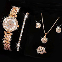 Ensemble de bijoux de luxe pour femme WGS-155, 6 pièces, montre à mouvement à quartz avec aiguilles en verre, bagues, collier, boucles d'oreilles, strass, mode décontractée