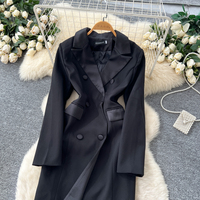 Robe Blazer Élégante à Manches Longues et Double Boutonnage pour Femme, Noire Unie, Formelle et Décontractée, Robe Longue de Soirée pour le Quotidien