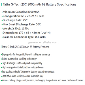Voor Tattu G-Tech <span class=keywords><strong>6S</strong></span> 8000Mah 22.2V 25c Lipo Drone Accu Xt60 Plug Uav Componenten 6 Cellen <span class=keywords><strong>6S</strong></span> 1P JST-XHR 65Mm Draad Fpv Onderdelen - Product Image 2