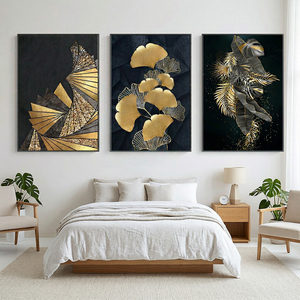 Ensemble de 3 tableaux muraux en toile à feuilles d'or, peinture botanique abstraite moderne noir et or, décoration de luxe pour salon - Product Image 5
