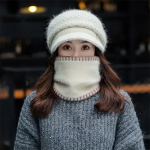 Conjunto de sombreros y bufanda para mujer, gorro y bufanda de invierno de lana acrílica con pelo de conejo cálido, diseño de ala de alta calidad, venta al por mayor, 2022