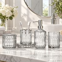Ensemble de 5 accessoires de salle de bain en verre trempé, finition cristal : distributeur de savon, porte-brosse à dents, gobelet, pot de rangement, pour vanité