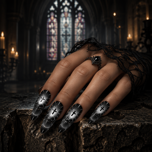 Faux ongles longs en acrylique, forme cercueil, effet œil de chat, couleur argent, brillants, avec strass et motif croix, pour doigts - Product Image 5