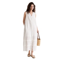 Robe longue midi ample Muguyu 100% lin vintage sans manches à col en V en dentelle avec motif plantes et fleurs 260604014