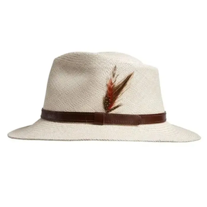 Chapeau Fedora d'été en paille pour homme avec décoration en plumes, bande en cuir, large bord respirant, chapeau de soleil Panama pour les voyages en plein air et la plage - Product Image 3