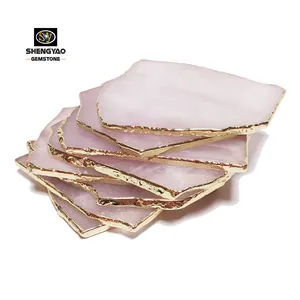 large polished natural rose quartz gold party decorations tray and coaster