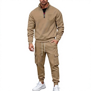 Men's Khaki Quarter-Zip Sweatshirt Set Casual Joggers French Terry Solid Color Autumn Wear - Product Image 1