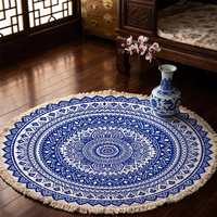 Tapis à pompons imprimé à pois, style bohème, avec envers antidérapant, en fibre de polyester, épaisseur fine, pour salon et chambre à coucher
