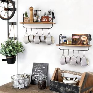 Kitchen water cup wall-mounted <b>rack</b> combining solid wood and iron, decorative storage <b>rack</b>, simple solid wood <b>shelf</b>, - Product Image 1
