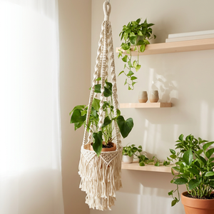 Porte-plante en macramé écologique fait main, corde en coton blanc, porte-plante suspendu avec pompons, décoration bohème pour la maison, provenant du Rajasthan - Product Image 1