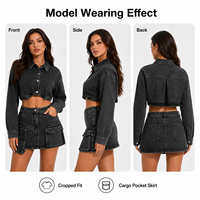 Ensemble deux pièces en jean pour femme de haute qualité : veste courte en denim extensible en coton et jupe longue unie au-dessus du genou