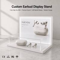 Support d'affichage pour écouteurs TWS avec éclairage LED, panneau arrière LED blanc, acrylique transparent pour boîte, base blanche solide, affichage Bluetooth