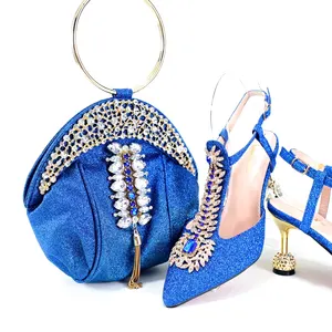 Haniye Hochwertige Nigeria Party Schuhe und passende Tasche Set Blaue Farbe High Heels Pointed Toe Stiletto Heels Runde Form Tasche