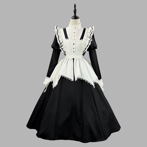 Medieval Gothic Lolita Puff Sleeve Long Dress Women Black Cosplay Maid Two Piece Set - Product Image 2