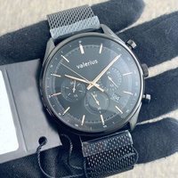 Valerius Jam Tangan Chronograph Kuarsa Pria 42Mm Casing Baja Tahan Karat Tali Kulit PU Hitam Jam Tangan Olahraga Tahan Air 5BAR