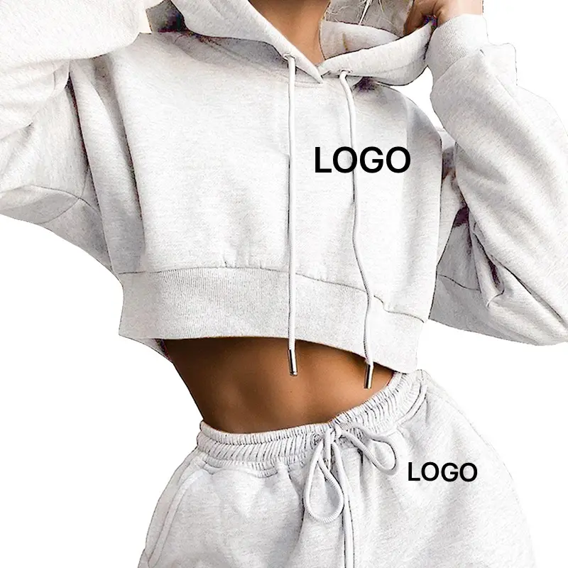 Wanita Kasual Dua Sepotong Keringat Set Hoodie Crop Atasan Sweatshirt Tinggi Pinggang Panjang CELANA Jogger Hoodie Baju Pakaian Baju Olahraga