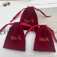 Tas Penyimpanan Lipstik Parfum Beludru Mewah dengan Tali Serut, Logo Custom, Cetak Merah, Pouch Perhiasan Kalung Anting dari Beludru Poliester