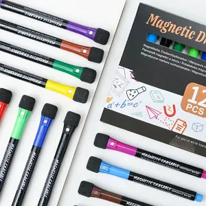 办公学校用12色磁性干擦记号笔细尖低气味白板记号笔，带橡皮擦