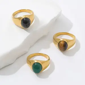 Ruigang Custom 18k Gold Plated Stainless Steel Jewelry Oval Tiger Eye Onyx Emerald Ring Gemstone Big Stone Ring For Men Women