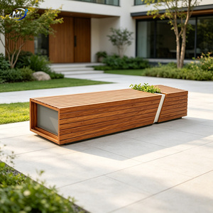 Modern FRP Patio <b>Bench</b> <b>Wood</b> Look Slatted Garden Seating with Integrated Planter for Outdoor Spaces - Product Image 3