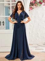 Robe de soirée formelle en mousseline de soie pour femme, col en V, manches chauve-souris, coupe trapèze, longue jusqu'au sol, avec taille marquée, idéale pour demoiselle d'honneur