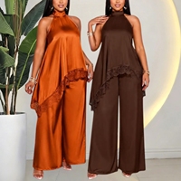 J9534 Ensemble tendance 2026 pour femme : Haut caraco en dentelle et pantalon large décontracté, ensemble deux pièces assorti