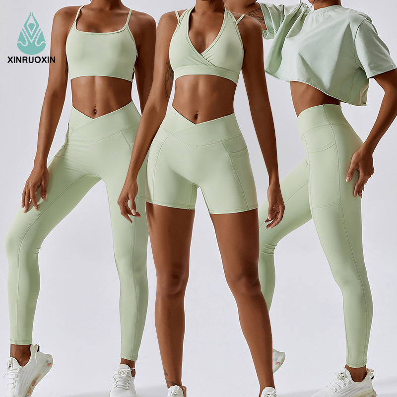 Custom Logo 7 Pieces Women Sportswear Seam Sports Bra High Waist Leggings Suit Active Wear Athletic Gym Fitness Yoga Sets
