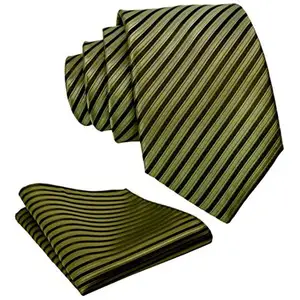 Gravata de pescoço de seda listrado verde escuro clássico e preto com bolso quadrado com qualidade qssurance