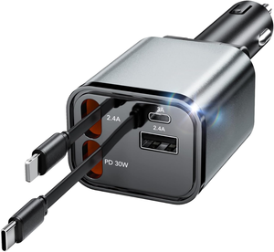 Adaptateur de chargeur de voiture rétractable 4 en 1 à charge rapide 69W USB C pour iPhones 16/15/14/13/12/11 avec fonction SCP et protection OTP - Product Image 1
