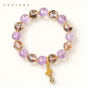 Bracelet en perles d'améthyste violette et de quartz clair avec breloque en forme de goutte dorée - Product Image 1