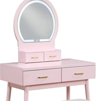 Table de toilette moderne en MDF rose, durable et tendance, avec miroir éclairé sur pied et tabouret rembourré, pour chambre et salon, vente en gros