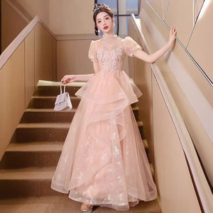 Pink Ball Gown Evening Dress Empire Waist High Neck 3D Stereoscopic Patterns Candy Color For Banquets And Coming Of Age Ceremony - Product Image 1