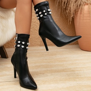 Autumn Winter New Pointed Toe Thin High Heels Sexy Fashion Shoes Rhinestone Elastic Ankle <b>Boots</b> for Women - Product Image 1