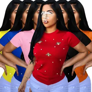 Camiseta básica de manga curta feminina, plus size, pérolas, para moças, verão, sólida, fim de semana, casual, gola redonda, novidade