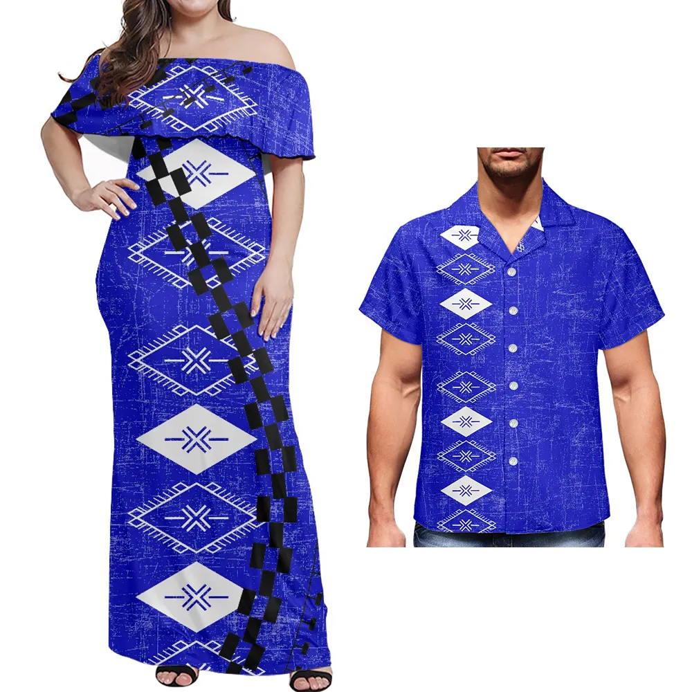 Summer Clothing Maxi Dress Blue Samoan Malu Style Design Print Women Off Shoulder Ruffle Dress Match Men Shirt Plus Size Couple