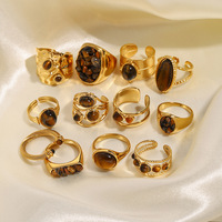 Cincin Trendy Baja Anti Karat Lapis Emas Hipoalergenik Batu Alam Mata Harimau Perhiasan Trendy Retro Boho Cincin Dapat Ditumpuk