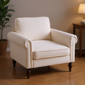 โซฟาเดี่ยวสีขาวครีม ผ้าหุ้มเบาะ พนักพิงโค้ง ที่วางแขนโค้ง ขาทรงน้ำเต้า สำหรับห้องนั่งเล่น สไตล์ดั้งเดิม หนึ่งที่นั่ง - Product Image 2