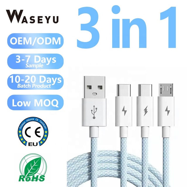 Universal 66W 3 in 1 Super Charging USB Type-C Data Cable Nylon Braided Fast Charging Micro USB Charger Multi-function Cable