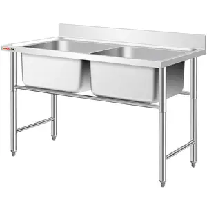 Hand Wash Basin Double Bowl Stainless Steel Kitchen Work Table Sink Bench 2 Bay Prep Sink/Fish Cleaning Prep Double Sink