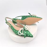 Sandales d'été élégantes à talons aiguilles vertes, motif pois, avec nœud perlé, pour femme