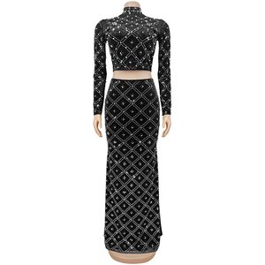 Yüksek Kaliteli Kadın 2 Parça Etek Takımı Taşlı Kadife Kıyafetler Uzun Kollu Üstler ve Midi Etek Kadın Parti ve Abiye Elbise - Product Image 4