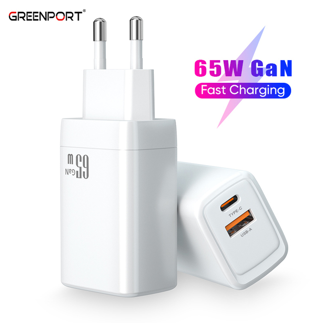 US EU UK Plug 65W GaN Power Adapter | USB-A TYPE-C Dual Port Fast Charging Travel Wall Charger