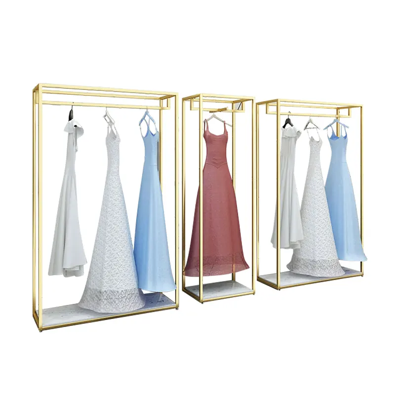 वाणिज्यिक ब्राइडल दुकान की दुकान सजावट बुटीक गोल्ड धातु कपड़े परिधान स्टैंड प्रदर्शन सोने शोकेस शादी की पोशाक रैक
