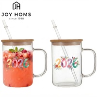 Tasse en verre avec poignée et couvercles en bambou, vente en gros, logo personnalisé par sublimation, 15 oz, tasse en verre personnalisée mignonne en vrac, transparente ou givrée
