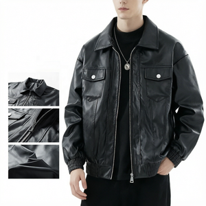เสื้อแจ็คเก็ตหนัง PU สำหรับผู้ชาย สไตล์ไบค์เกอร์ มีซิป ไซส์ใหญ่ ย้อมสีแบบ Garment Dyed บริการ OEM กันลม สีพื้น เสื้อคลุมลำลองสำหรับฤดูใบไม้ร่วง - Product Image 4