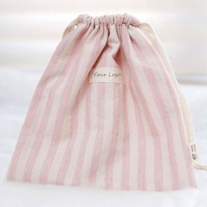 Customizable Stripe Women's Eco-Friendly Canvas <b>Drawstring</b> <b>Pouch</b> Cotton Gift Jewelry Storage Bag with Label - Product Image 1