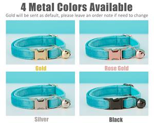 Ensemble collier et laisse personnalisés en velours uni turquoise pour chat et petit chien, avec étiquette nominative gravée sur mesure pour chaton et chiot, clochette dorée offerte - Product Image 6