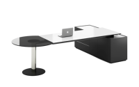 Bureau de direction en forme de L avec table de réunion ronde en verre réglable et armoire latérale